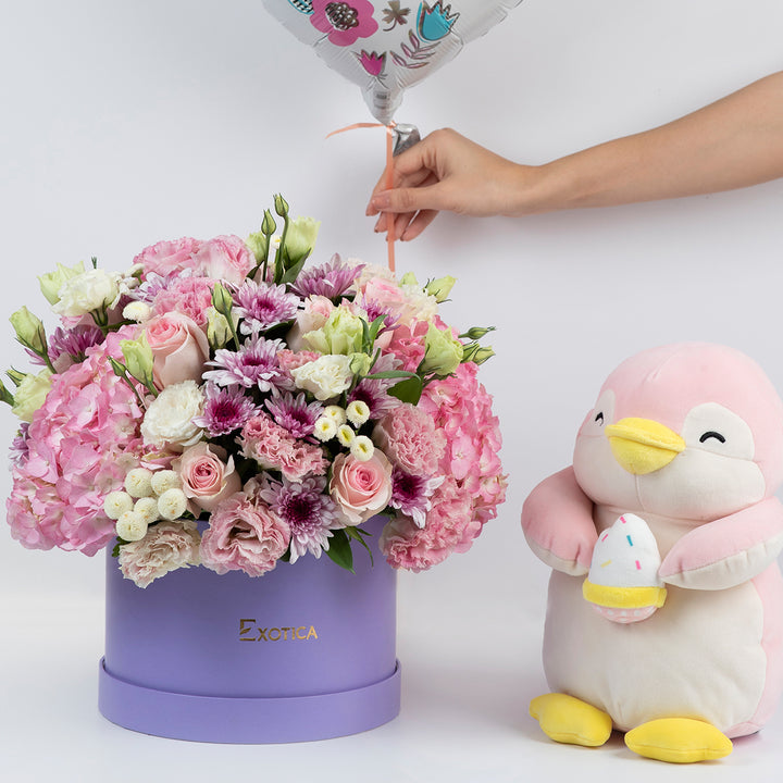 Newborn babies gifts flower box balloon pink toy dubai